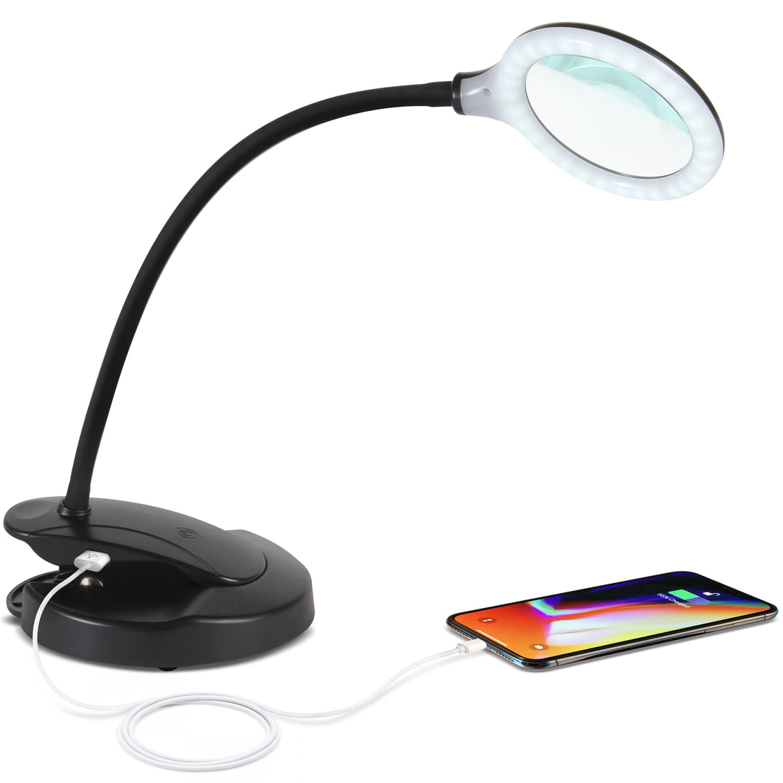 Brightech Lightview Magnifying Glass & Bright LED Lamp with Stand, Clamp - Lighted Glass Magnifier with USB Charging Port (Enjoy Music As You Work) – Dimmable Light for Reading, Crafts – 1.75x