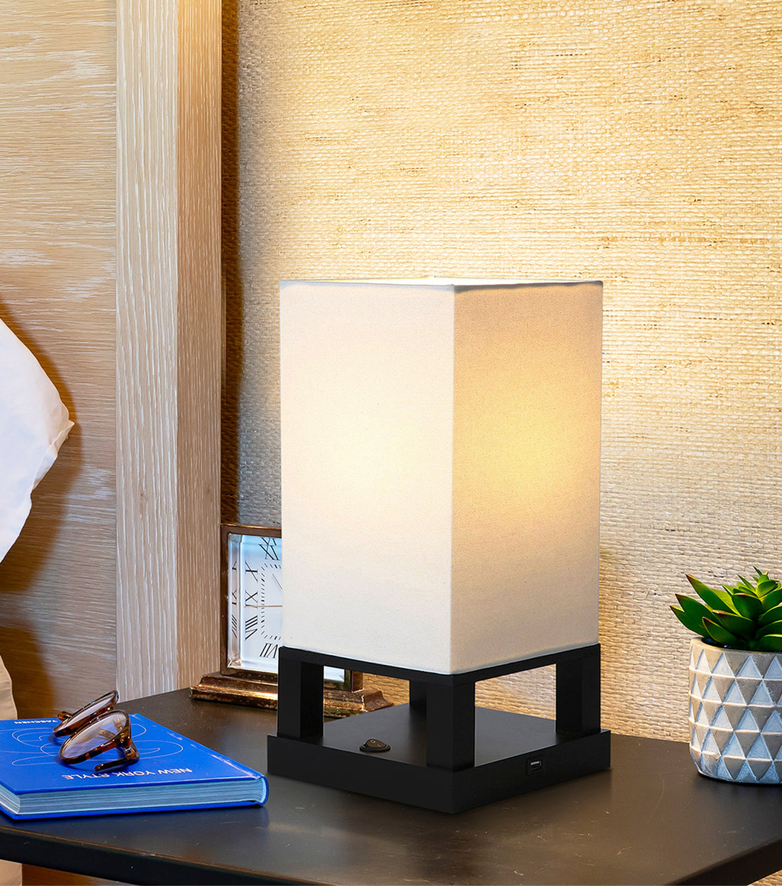 Brightech Maxwell - Bedroom Nightstand Lamp with USB Ports – Modern Asian Table Lamp w/ Wood Frame - Soft Light Perfect for Bedside - with LED Bulb