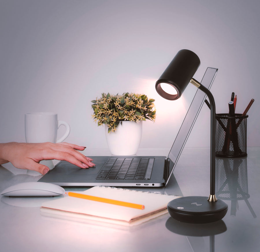 Brightech Ezra Office Desk Lamp - Wireless Charging Pad and Color Changing Light Options – Living Room Table Light for Midcentury, Contemporary Décor