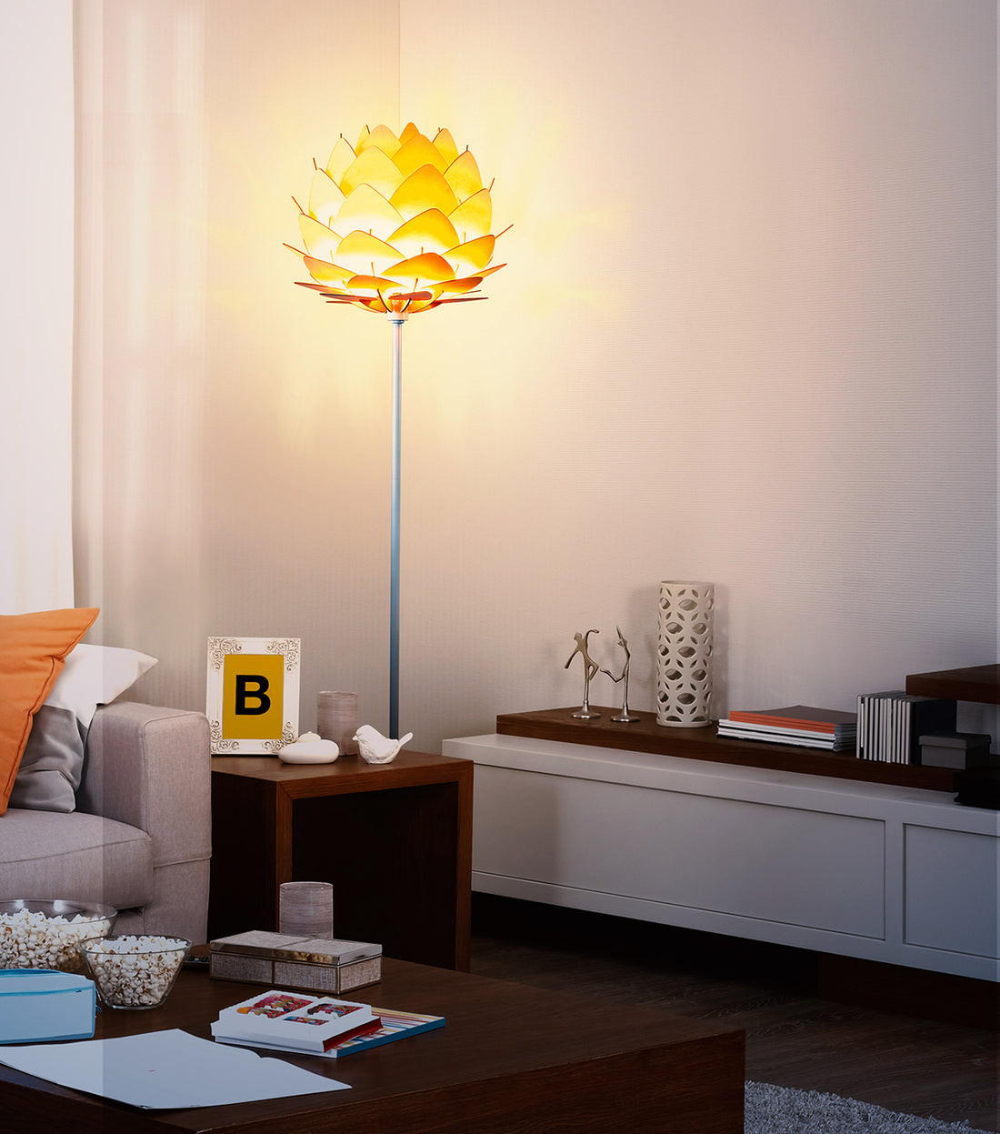 Brightech Artichoke Floor Lamp - Unique Modern Bohemian (Boho) Standing Light for Trendy Vintage Living Rooms, Bedrooms- Modern Multi-Panel Wooden Shade – Tall Pole Uplight Lamp