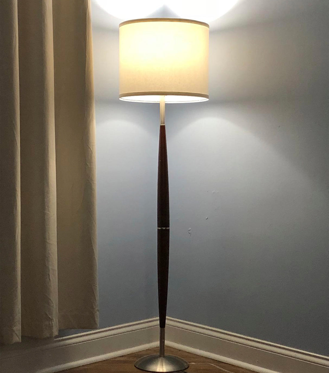 Brightech Lucas - Mid Century Modern Floor Lamp for Bedroom Reading - Brighten Living Room Corners with A Free Standing Light - Tall Office Lighting with Drum Shade & Handsome Wood Finish