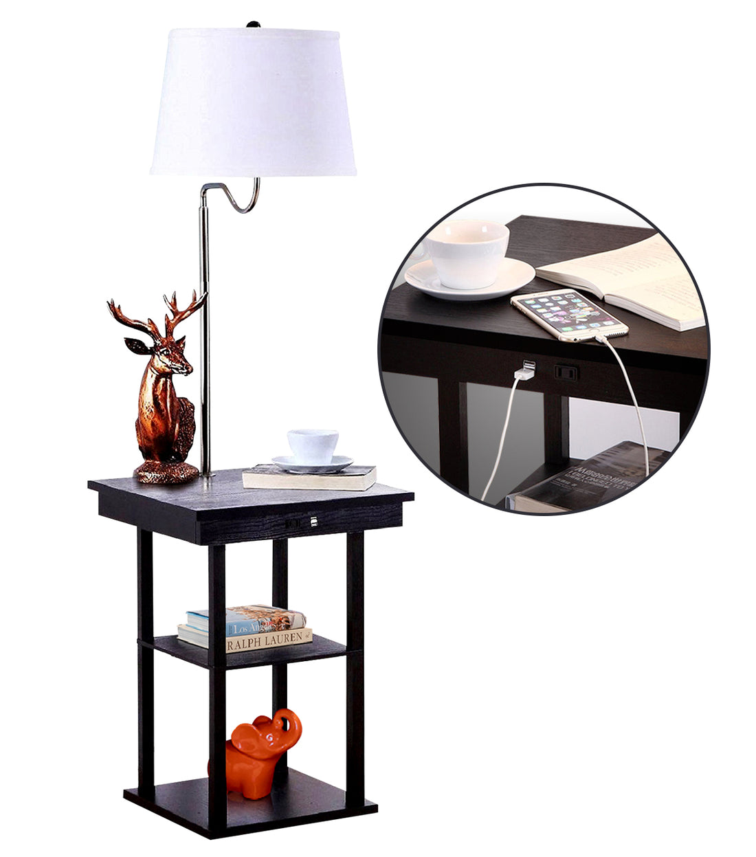Brightech Madison - Narrow Nightstand with Built in Lamp, USB Port & Shelves for Bedrooms - Mid Century Modern End Table & Attached Floor Lamp for Living Rooms - Side Table & Reading Light