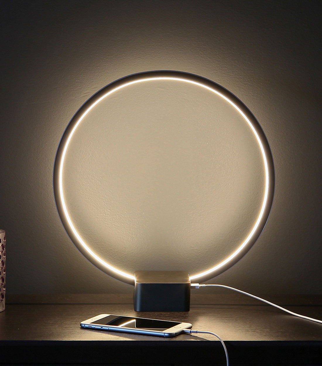 Brightech Circle - LED Modern Bedroom Nightstand Lamp - Super Bright Bedside Table Reading Light, Dimmable to Night Light - Great On Side & End Tables - USB Port