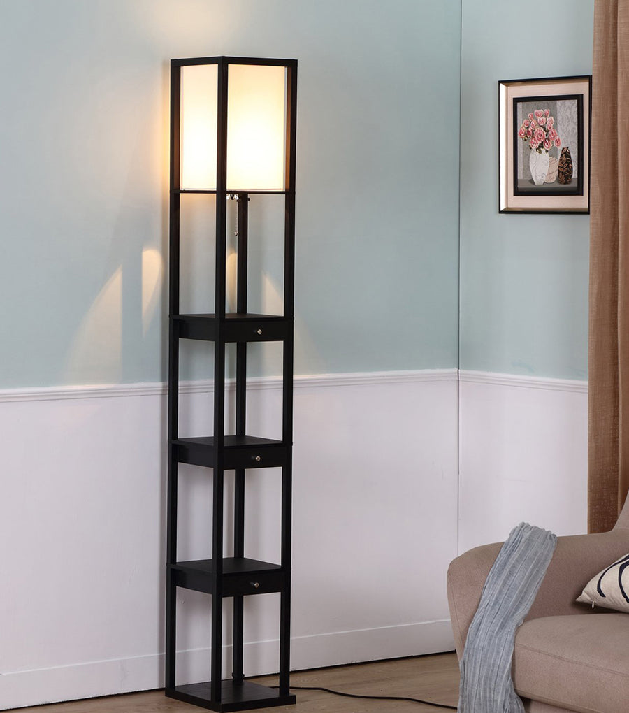 Brightech Maxwell Drawer Edition - Shelf & LED Floor Lamp Combination - Narrow Nightstand with Light Attached - Tower End or Side Table for Office & Bedroom