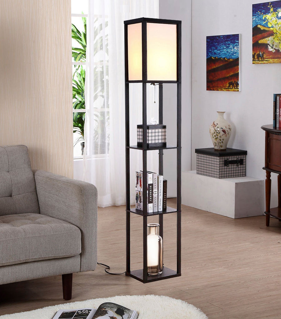 Brightech Maxwell - Modern LED Shelf Floor Lamp - Skinny End Table and Nightstand for Bedroom - Combo Narrow Side Table with Standing Accent Light Attached - Asian Tower Book Shelves