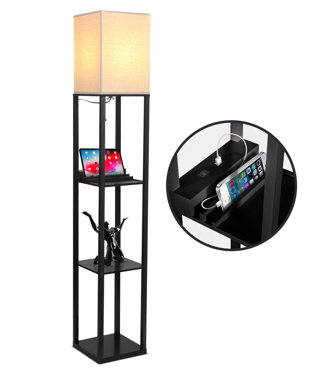 Brightech Maxwell Charger - Shelf Floor Lamp with USB Charging Ports and Electric Outlet - Tall, Narrow Tower Nightstand for Bedroom - Modern, Asian End Table with Light Attached