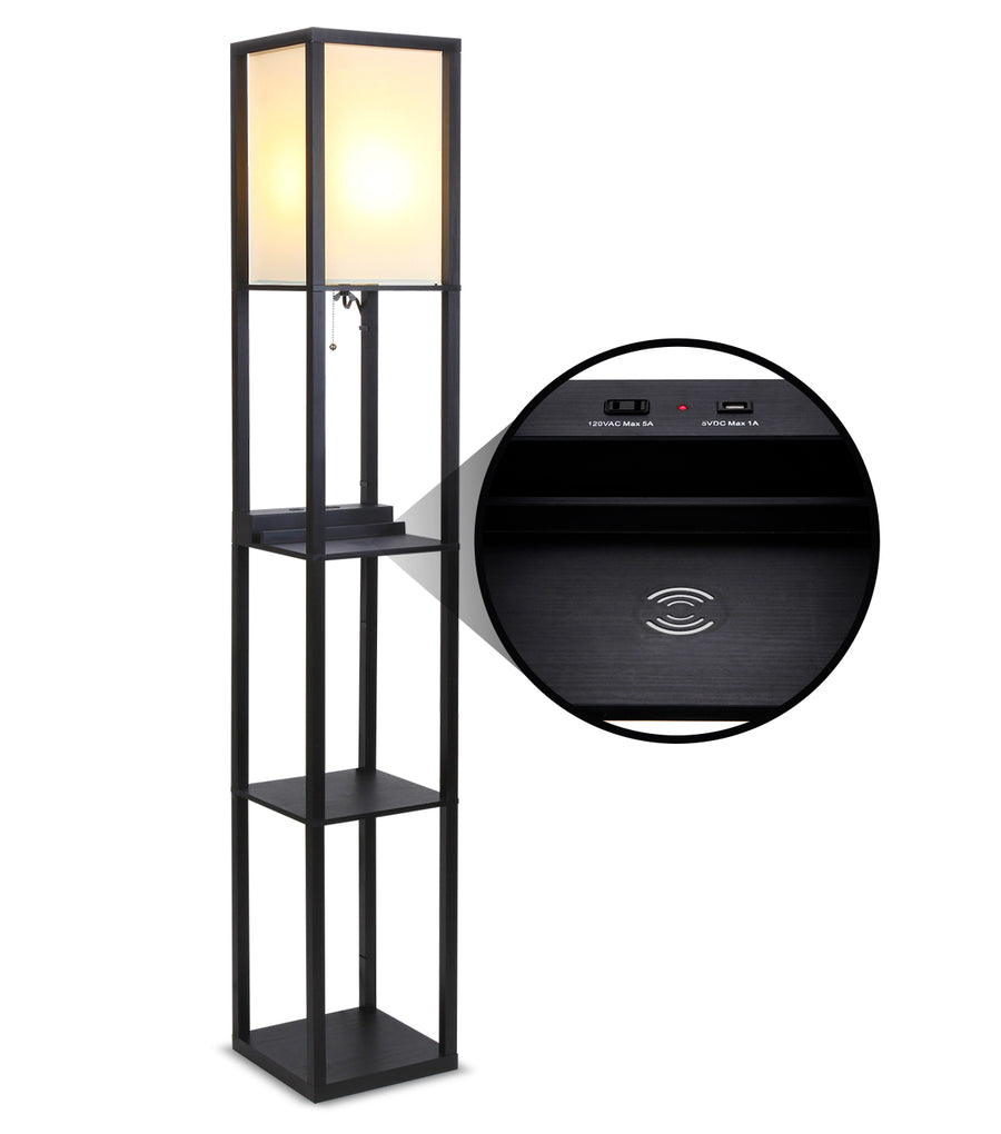 Brightech Maxwell Shelf Floor Lamp w. Wireless Charging Station, USB Port & Outlet - Column Lighting for Bedrooms, Offices & Living Rooms - Contemporary Skinny Nightstand & Tower Light