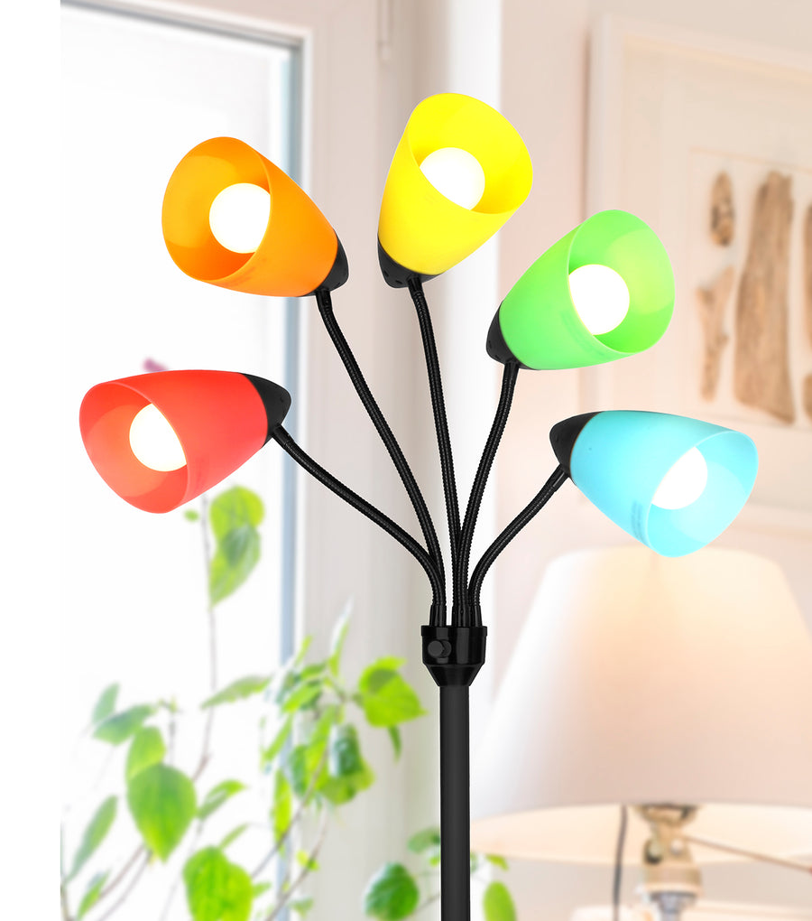 Brightech Medusa LED Floor Lamp - Multi Head Adjustable Tall Pole Standing Reading Lamp for Living Room, Bedroom, Kids Room - Includes 5 LED Bulbs and 5 White & Colored Interchangeable Shades