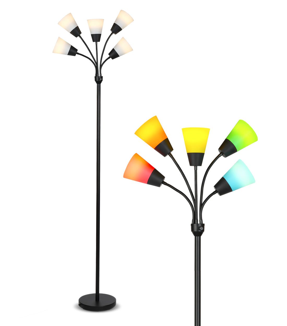 Brightech Medusa Modern LED Floor Lamp – Contemporary Multi Head Standing Reading Lamp for Living Room, Bedroom, Kids Room - Includes 5 LED Bulbs and 5 White & Colored Interchangeable Shades