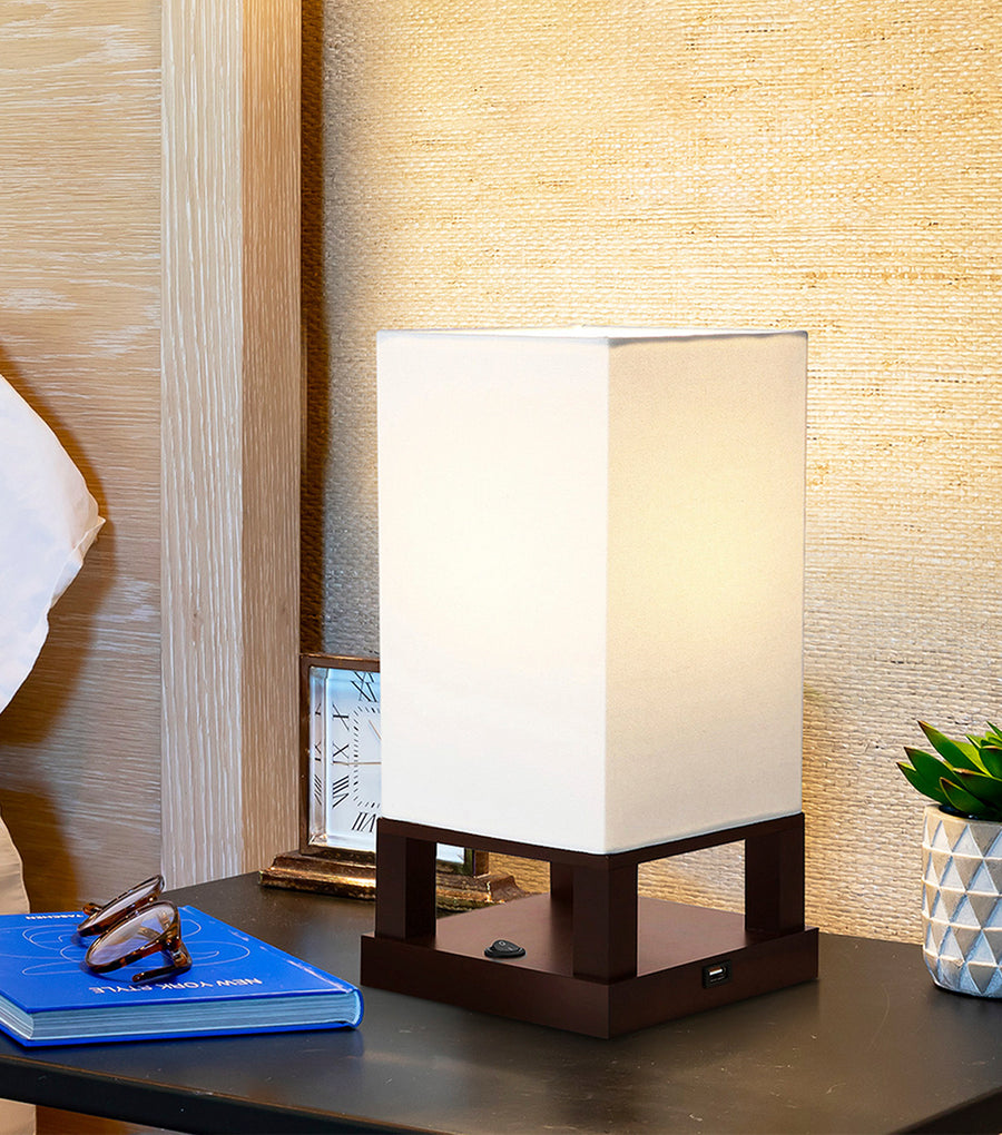 Brightech Maxwell - Bedroom Nightstand Lamp with USB Ports – Modern Asian Table Lamp w/ Wood Frame - Soft Light Perfect for Bedside - with LED Bulb