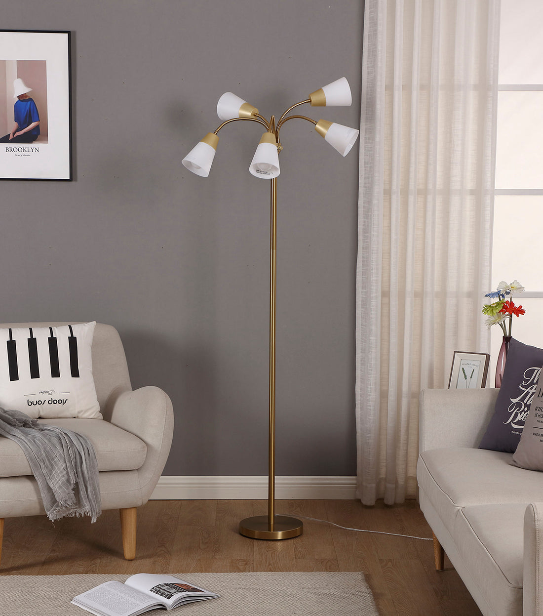 Brightech Medusa Modern LED Floor Lamp – Contemporary Multi Head Standing Reading Lamp for Living Room, Bedroom, Kids Room - Includes 5 LED Bulbs and 5 White & Colored Interchangeable Shades